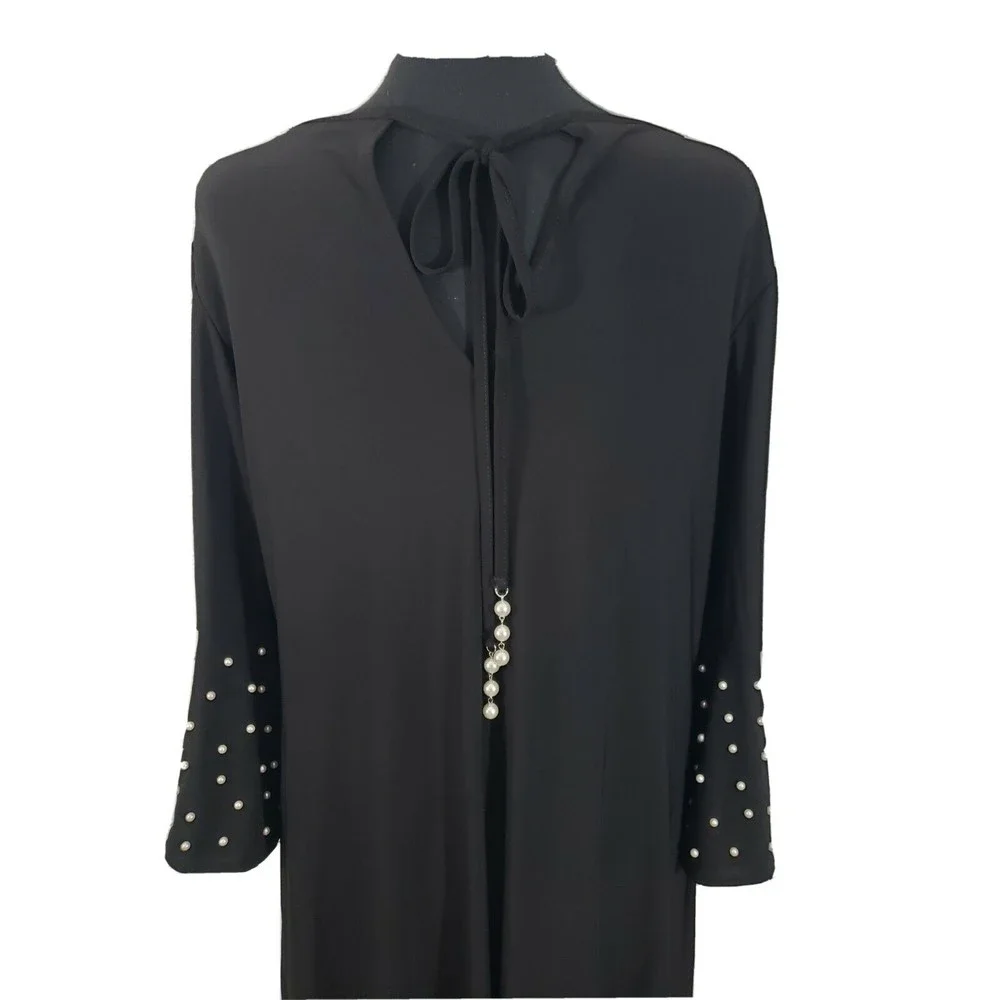 Women's Roz & Ali 1X Black Pearl Embellished Flutter Sl. Open Back Midi Dress - Picture 4 of 6